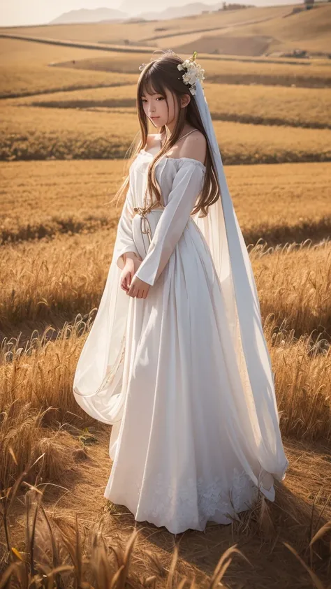 Masterpiece, best quality, very high, details illustration, Portrait, details, 1 girl standing in a wheat field, alone, long hair, set, flower, white hanfu, smile, full body, white flower, bare shoulders, very long hair, aqua hair, gag, Facing the audience...