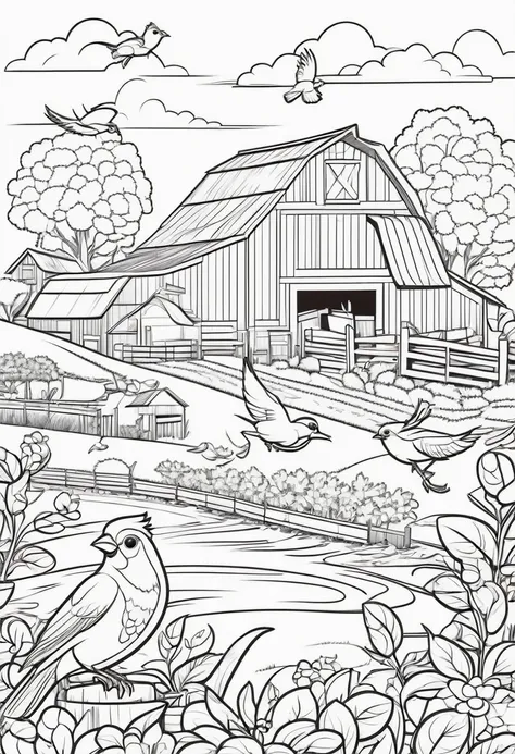 coloring page for kids, Birds around the farm, cartoon style, thick lines