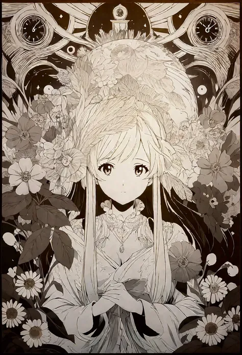 anime girl surrounded by flowers and clocks in a garden, monochrome artwork!!, detailed anime art, detailed anime artwork, intricate manga drawing, intricate ornate anime cgi style, high detailed official artwork, detailed fanart, detailed portrait of anim...