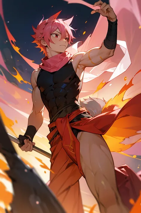 masterpiece, best quality, 1boy, natsu dragneel, scarf, sleeveless, black eyes, fire, arm up, pink hair, ears wolf, tail, red eyes, male, muscular