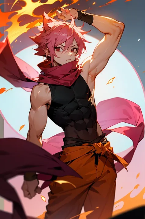 masterpiece, best quality, 1boy, natsu dragneel, scarf, sleeveless, black eyes, fire, arm up, pink hair, ears wolf, tail, red eyes, male, muscular