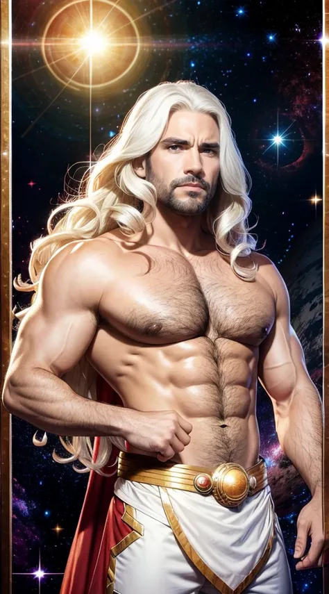 Cosmic, solar system, planets, aliean , warrior,Best quality,masterpiece,ultra high res,1man,whiskers,manly,red glowing eyes,strong body,solo,white hair,long hair,water,waves,lips,upper body,Take the sword.,The best hand,looking at viewer,strong gaze,dynam...