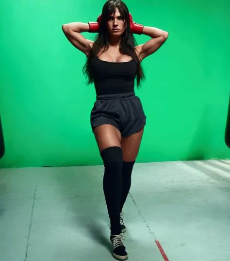 a woman wearing blank boxing gloves in a boxing ring, solo figure, dynamic pose, dramatic lighting, high contrast, cinematic, chiaroscuro, moody, atmospheric, powerful, intense, gritty, muscular physique, strong, determined expression, hyper-detailed, cine...