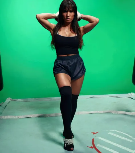 a woman wearing blank boxing gloves in a boxing ring, solo figure, dynamic pose, dramatic lighting, high contrast, cinematic, chiaroscuro, moody, atmospheric, powerful, intense, gritty, muscular physique, strong, determined expression, hyper-detailed, cine...