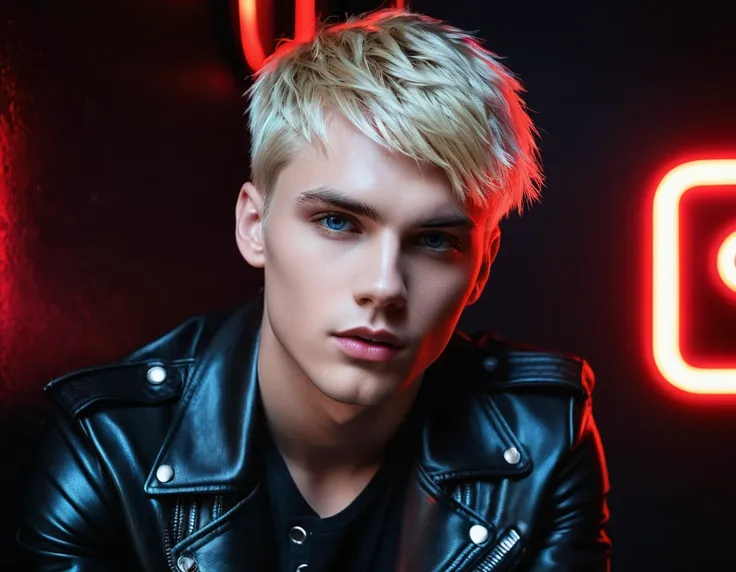 Hyper realistic, dark vibes, solo, young male fashion model, round face shape, 22 years, pale skin, blue eyes, (short textured blond hair:1.1), tussled side swept fringe, black leather jacket, (holding a knife:1.1), dark lighting, in luxury night club room...