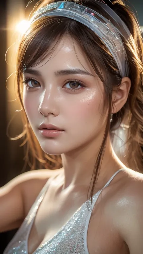 8ก, best quality, Masterpiece, Ultra high resolution, (realism: 1.4), original photo, (Realistic skin texture: 1.3), (Film texture: 1.3), (Selfie corner), 1 woman, Beautiful eyes and facial details, Masterpiece, best quality, close up, upper body, looking ...