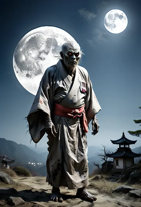 Full moon in the sky、Brilliant Light、Horror-themed movie stills,、An old man monster wearing a kimono