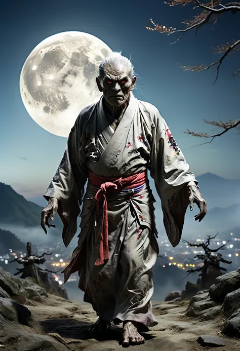 Full moon in the sky、Brilliant Light、Horror-themed movie stills,、An old man monster wearing a kimono