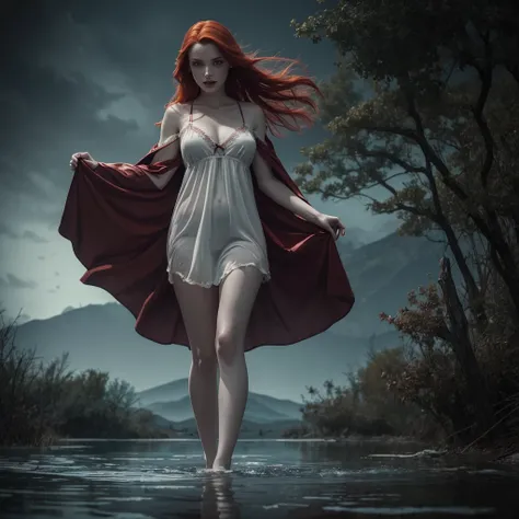 ((Night)) ((a deserted lake)) 3 Vampire women, (full body),  redhead, fangs bared, sexy pale nightgown, looking at viewer, rises out of the water, soaking wet. style of a painted book illustration, dramatic lighting, (depth of field), ((masterpiece)), ((be...