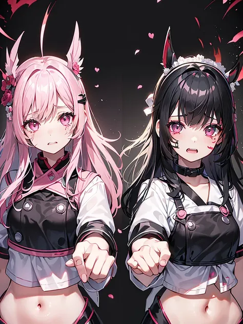 (Tabletop), (Highest quality), (8k)、Very detailed, 1 female、Ruined Background(Black hair and pink)，(Dark Eyes:1.4）Twin tailenhera、Mine system、Crying face、Cutting oneself、Yandere、Landmine Makeup