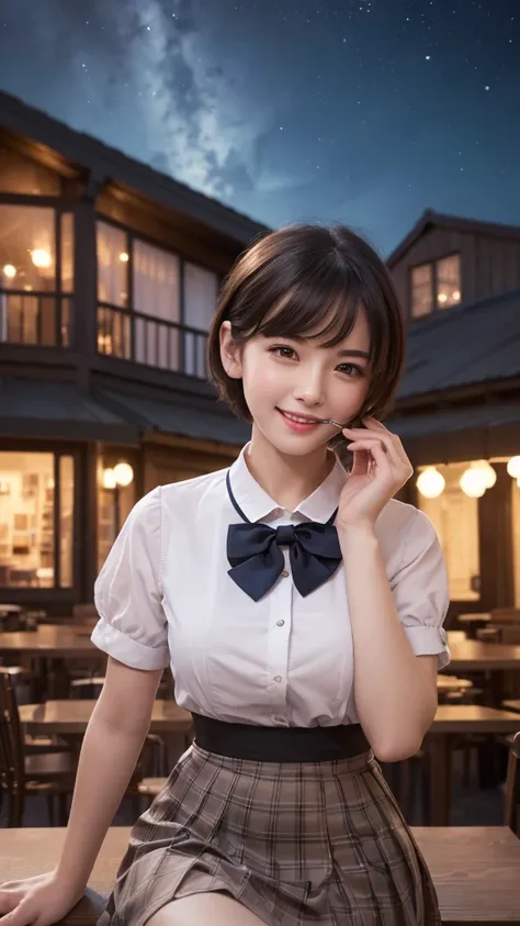 (8ก, best quality, Masterpiece:1.2), (NRF:1.3), (realistic, photo-realistic:1.37), Very detailed, 1 woman,cute, alone,Beautifully detailed sky,Detailed cafe,nighttime,sit,Dating,(nose blush),(smile:1.1),(gag) Medium bust,Beautifully detailed eyes,(collar s...