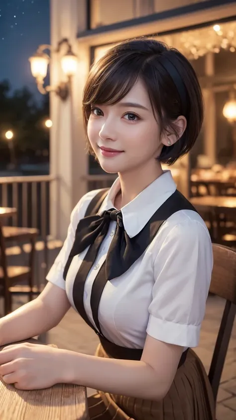 (8ก, best quality, Masterpiece:1.2), (NRF:1.3), (realistic, photo-realistic:1.37), Very detailed, 1 woman,cute, alone,Beautifully detailed sky,Detailed cafe,nighttime,sit,Dating,(nose blush),(smile:1.1),(gag) Medium bust,Beautifully detailed eyes,(collar s...