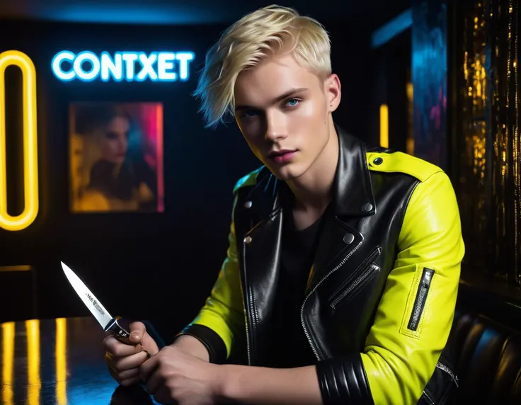 Hyper realistic, dark vibes, solo, young male fashion model, round face shape, 22 years, pale skin, blue eyes, (short textured blond hair:1.1), tussled side swept fringe, black and yellow leather jacket, (holding a knife:1.2), dark lighting, in luxury nigh...