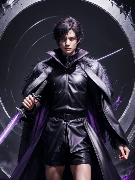 1anime boy, elegant boy, ((holding sword)),elegant outfit, Assassin pose,smirk on face, angry deep red eyes, ((silver short messy hair)), ((black long high collar fur coat)), ((purple splash art)), ((big magic circle behind the boy)),((4k high quality )