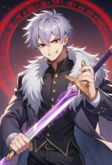 1anime boy, elegant boy, ((holding sword)),elegant outfit, Assassin pose,smirk on face, angry deep red eyes, ((silver short messy hair)), ((black long high collar fur coat)), ((purple splash art)), ((big magic circle behind the boy)),((4k high quality )