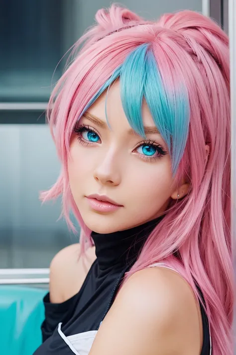 Create a stylish female anime character with pink hair and cyan colour eyes