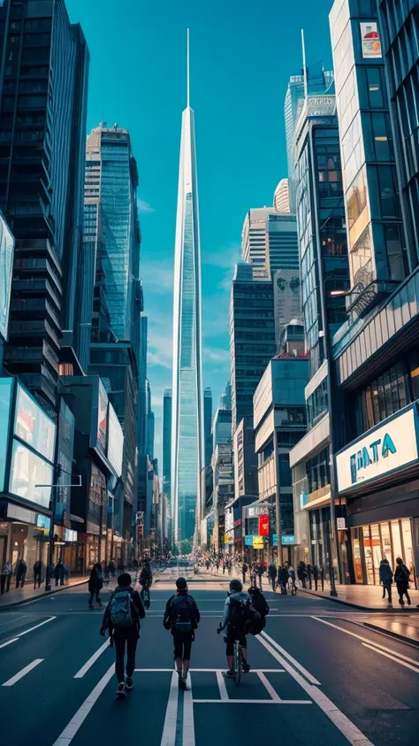 Future Cities, natta, a busy futuristic city street full of people walking. The street is lined with futuristic buildings, creating a futuristic atmosphere. There are countless people walking down the sidewalk, some carrying bags and backpacks. Some indivi...