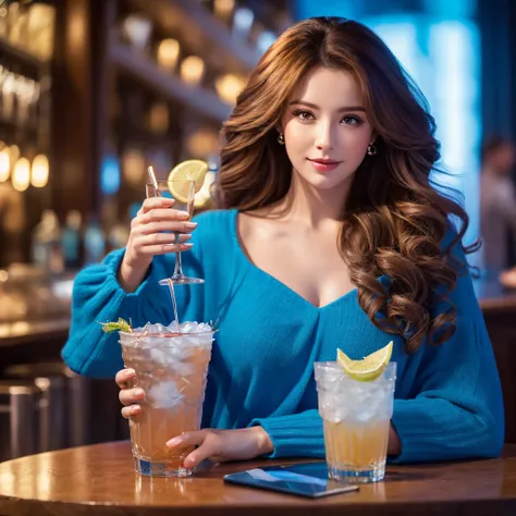 Woman, brunette big hair, curled hair, holding a glass of drink. blue clothing, PICTURE REALISTIC, 4k full hd, extremely lifelike 