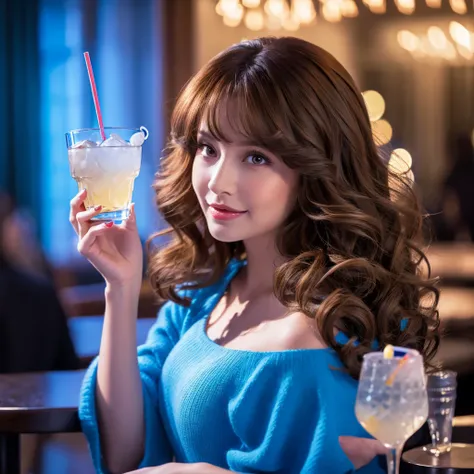 Woman, brunette big hair, curled hair, holding a glass of drink. blue clothing, PICTURE REALISTIC, 4k full hd, extremely lifelike 