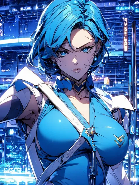 Sailor mercury in full police  suit,long blue hair,Blue Power Ranger, hurricane ,Sexy goth woman big breast, character sheet,inside a pool,High Resolution, Large breasts, cyber samurai,ice swords
￼