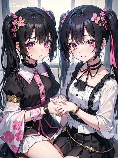 (Tabletop), (Highest quality), (8k)、Very detailed, female、Ruined Background(Black hair and pink 3:1)，(Dark Eyes:1.4）Twin tailenhera、Mine system、Crying face、Wrist cutting、ひとりのfemale、Twin tails