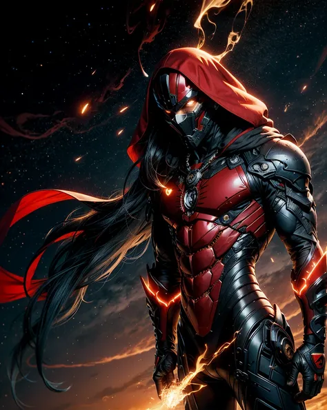 A man , sixpack , holdibg a trident, long hair in space (absurdres, highres, ultra detailed), masterpiece, best quality, a boy with in black outfit, red cape, wizard, solo, handsome, short hair, red hair, vibrant red eye, glowing eye, glow effect, finely e...