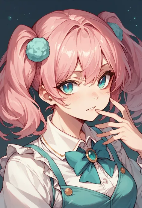 Create a stylish female anime character with pink hair colour and cyan colour eyes 