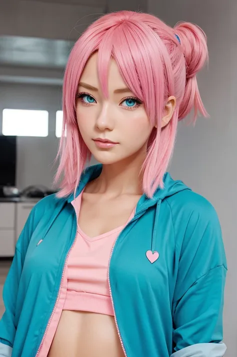 Create a stylish female anime character with pink hair and cyan colour eyes