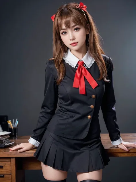 Kasumi, brown eyes, (best quality, ultra-detailed), (realistic:1.37), beautiful and detailed face, ultra-realistic texture, delicate face, delicate body, strong red lipstick, bright colors. High definition, 8K. expression with a slight sweet smile