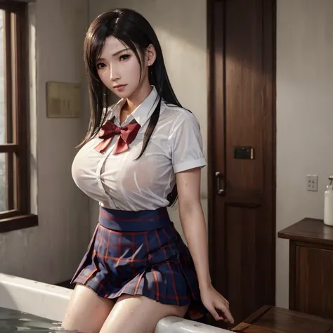 (masterpiece, best quality:1.2), in the bath , wet clothes, soaked, wet hair, wet skin, translucent, glistening with oil , dishevelled , solo, 1girl, school girl uniform , steam , plaid skirt , pleated skirt , The shirt is tight. , white shirt , school gir...