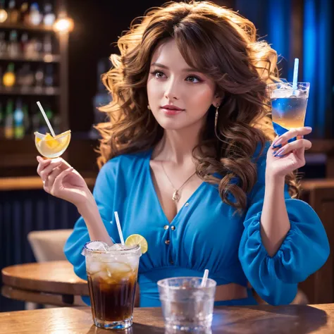 Woman, brunette big hair, curled hair, holding a glass of drink. blue clothing, PICTURE REALISTIC, 4k full hd, extremely lifelike 