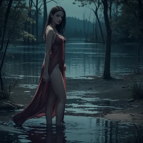 ((Night)) ((a deserted lake)) 1 Vampire women, (full body), sexy pale nightgown, looking at viewer, rises out of the water, soaking wet. style of a painted book illustration, dramatic lighting, (depth of field), ((masterpiece)), ((best quality)), ((highly ...