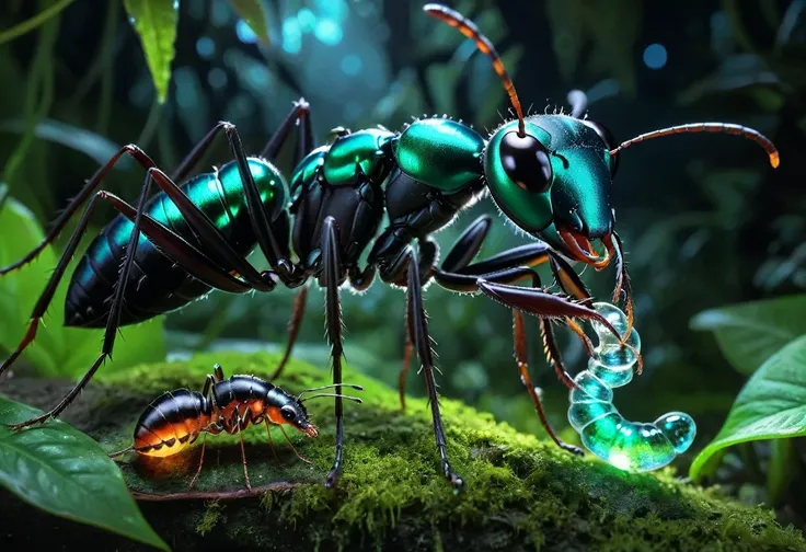 A giant ant with shimmering emerald mandibles tears apart a glowing bioluminescent worm in the night jungle, hyperrealism, 8k