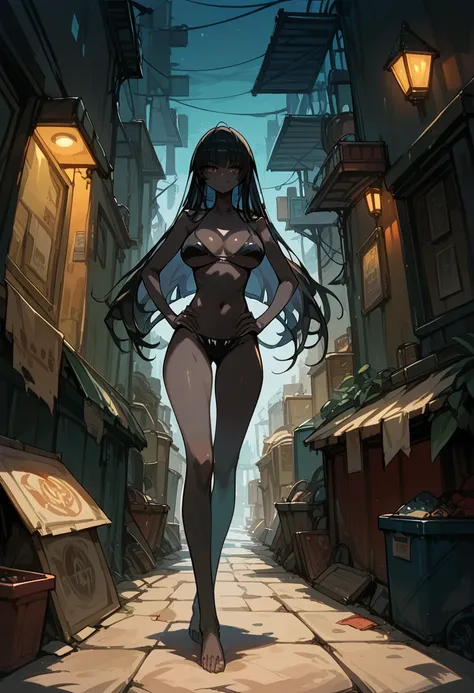 Masterpiece, best quality, Masterpiece, best quality, 1 woman , black skin , Karin , long black hair , sly face , smile , black bikini , abdomen, big breasts , Long legs , Barefoot , hands on hips , alley , at night