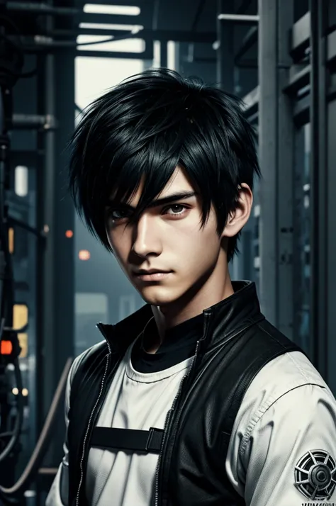 A young cyberpunk manga boy, mechanic, white, of medium height,  with dark circles, black eyes and short textured black hair 