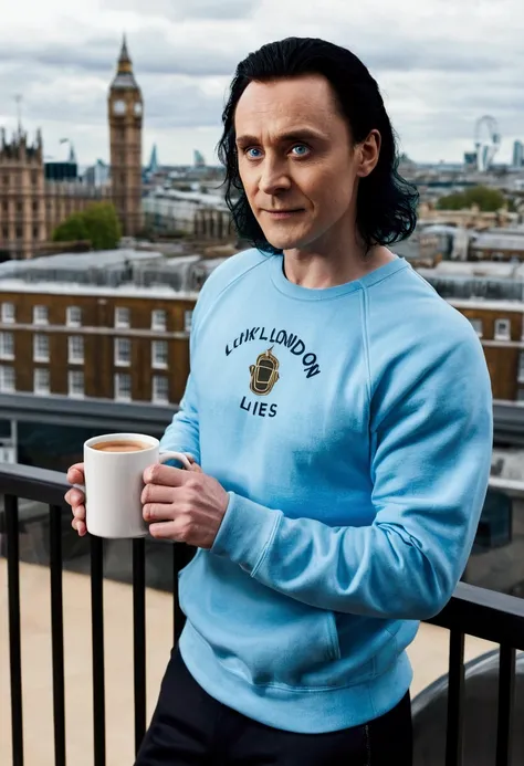 Loki, God of lies, medium black hair and blue eyes shirtless, in a sweatshirt and with a mug of coffee in his hand looking at the London landscape on a comfortable balcony.