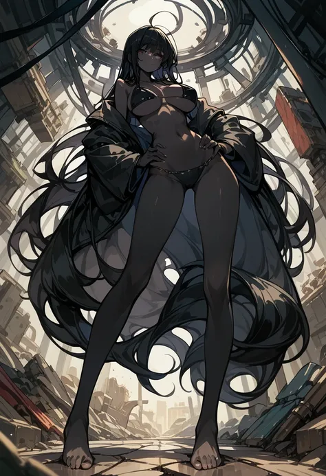 Masterpiece, best quality, Masterpiece, best quality, 1 woman , black skin , Karin , long black hair , sly face , smile , black bikini , abdomen, big breasts , Long legs , Barefoot , hands on hips , abandoned factory , at night