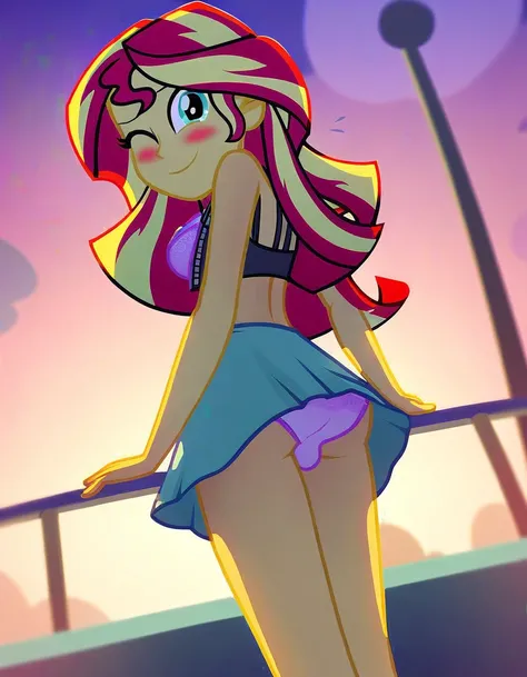 explicit, solo, bra, sunset_shimmer, standing_backwards, cute, cute face, awww, butt, bend down, equestria_girls, breasts, clothes, female, big_tits, looking at you, strip club, skirt, skirt lift, offscreen character, cartoon, panties, male_pov, twitching,...