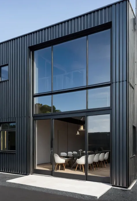 a close up of a building with a large glass door, iron cladding, detailed image, metal cladding wall, wide angle exterior 2022, new modern, 3/4 profile, industrial space, seen from outside, centre image, detailed photo, architect studio, 2 5 6 x 2 5 6, 256...