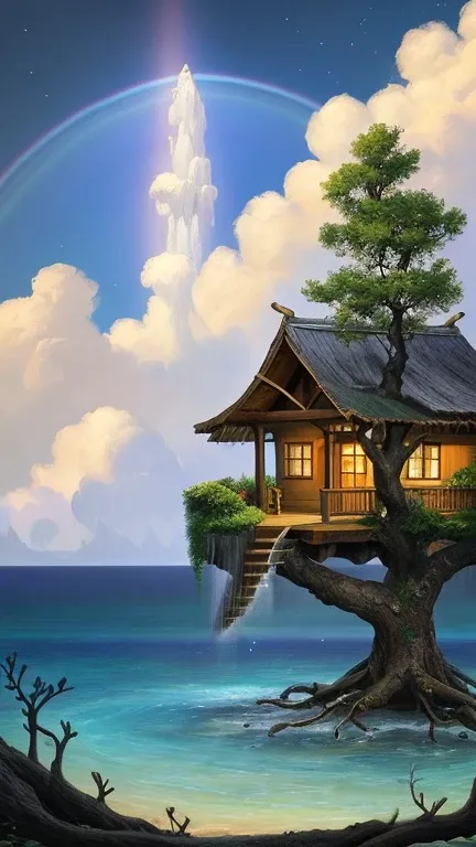 Segrel style drawing, masterpiece, green island surrounded by sea, The Gigantic Oak grows on the island, on its spreading branches there is a cozy one-story hut with a porch and a luminous window, A sparkling waterfall flows from under the roots of an oak ...