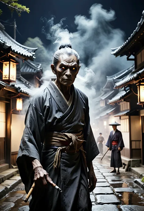 Old-fashioned Japanese town、Night Background、Horror-themed movie stills,、spooky、short、Japanese Yokai、elder、The eyes are narrow、Smoking kissel