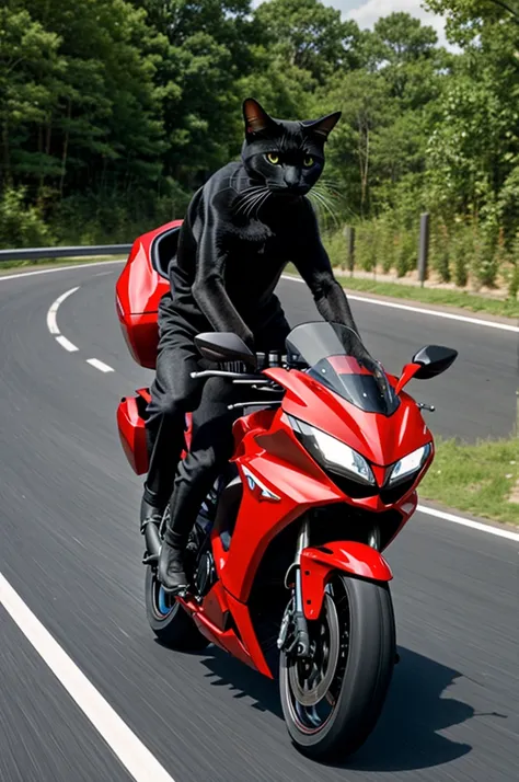 Animated cat driving a red sports bike like he was crazy