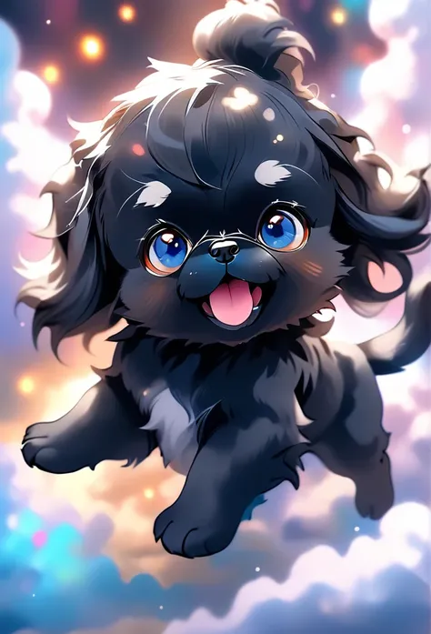 2 cute black Shih Tzu puppies, fluffy fur, big blue eyes, happy expression, soaring gracefully through clouds, magical fantasy scene, vibrant colors, whimsical lighting, highly detailed, 8k, photorealistic, digital art