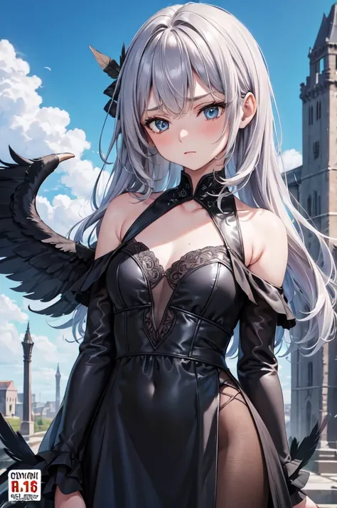 masterpiece, Angel Girl, young，12 years old，Brunette with wings, Shoulderless neckline，Black dress with feathers, Close-up portrait, Delicate face, Lots of black feathers, silver，Black Wings, Blue sky, cloud, castle, whole body,(Cover Style:1.3)，anger，Vein...