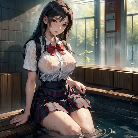 (masterpiece, best quality:1.2), in the bath , wet clothes, soaked, wet hair, wet skin, translucent, glistening with oil , dishevelled , solo, 1girl, school girl uniform , steam , plaid skirt , pleated skirt , The shirt is tight. , white shirt , school gir...