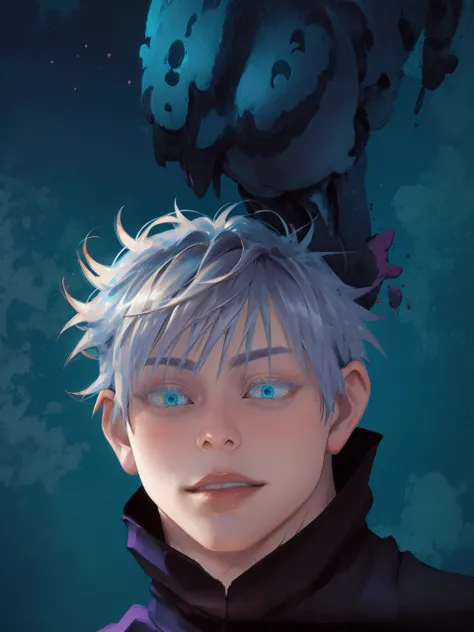 masterpiece, best quality, 1boy, close up potrait, gojou satoru, jujutsu kaisen, white hair, short hair, blue eyes, beautiful blue eyes, black jacket, black pants ,high collar, long sleeves, shoes, upper body, smile, looking at viewer, solo, blue sky, mead...