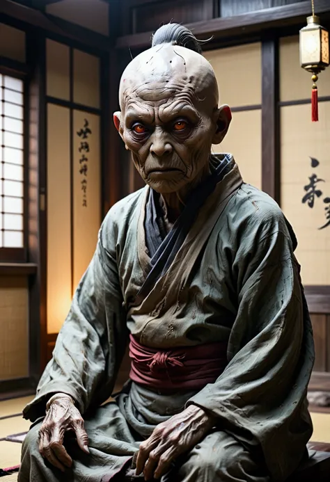 Old-fashioned Japanese room、Horror-themed movie stills,、spooky、short、Japanese Yokai、elder、Big head、No hair、Wrinkles are frequent、Narrow eyes、Sitting upright