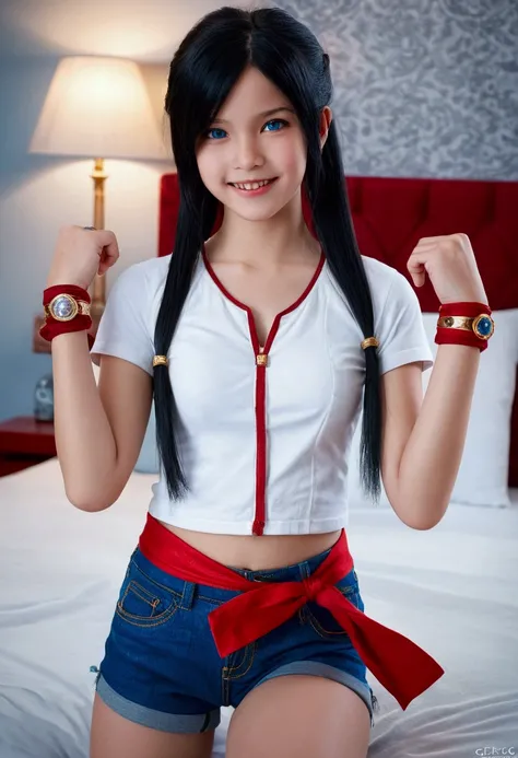 work of art, ultra high quality cg, best qualityer, perfect photo, standing alone, Lidia Sobieska, oriental-like, 10-year-old, (tekken, long medium black hair, blue colored eyes, red hair tie, stark, smiling), wearing a tight white t-shirt showing the volu...