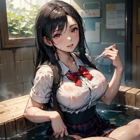 (masterpiece, best quality:1.2), in the bath , wet clothes, soaked, wet hair, wet skin, translucent, glistening with oil , dishevelled , solo, 1girl, school girl uniform , steam , plaid skirt , pleated skirt , The shirt is tight. , white shirt , school gir...