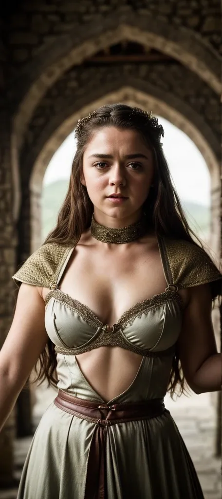 Foto RAW, Arya Stark, Stunning Beauty, Ravishing, Enchantress, Extremely gorgeous lady, Arya Stark PLAYED BY MAISIE WILLIAMS, Queen Arya Stark, she  a mature woman now, milf, sexy mediaeval battle dress, gladiator woman, body, 40 years old Woman, Roman sla...